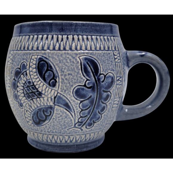 4 Marzi Remy 3141 Pottery Mug German Stein Blue Engraved Floral Cup 1950 - 1970 - Picture 9 of 9